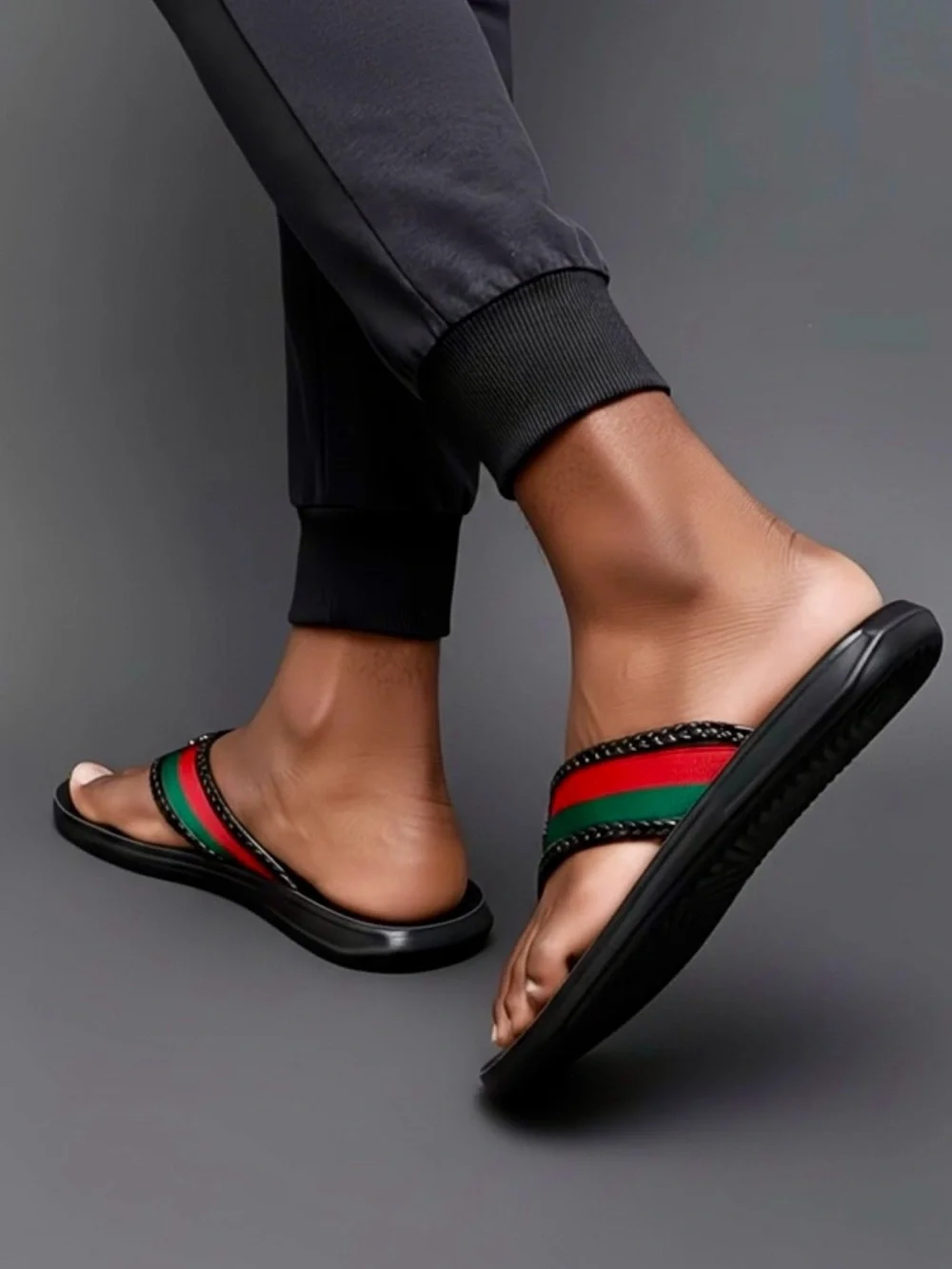 SHOES: Black Flip Flops, “G” Lettering w/Green & Red Straps, Unisex. NWOT